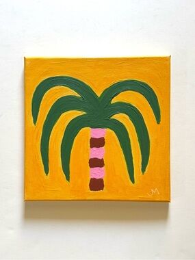 Bold Palm Tree Painting in Yellow, Green, Pink, Brown